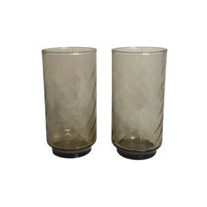 VTG Libbey Mid-Century Smoke Brown Swirl Highball Glasses 5.75" Set of 2 Brown